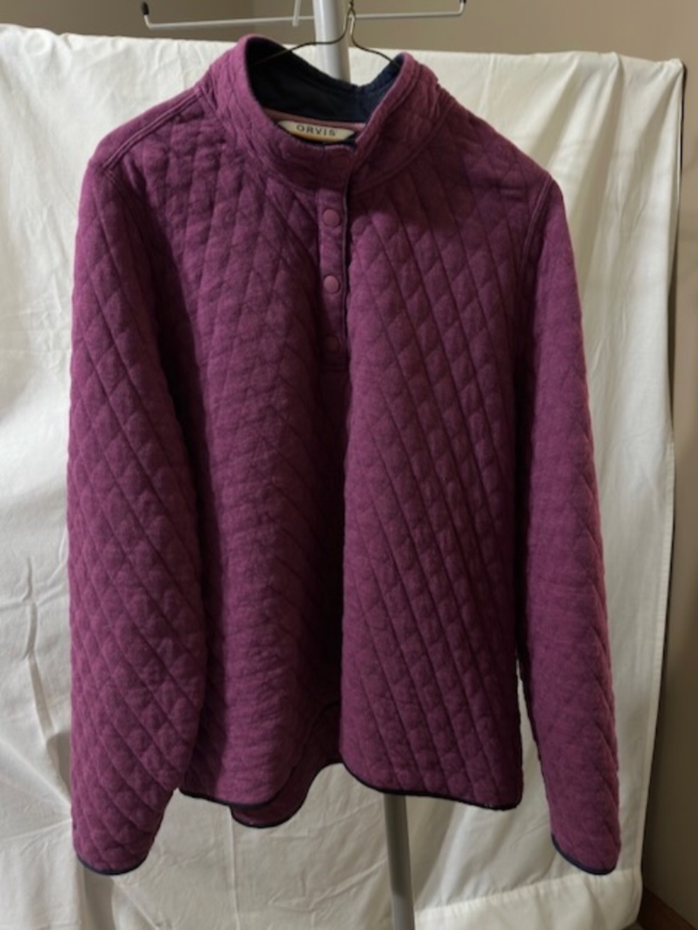 Orvis Cotton Quilted Sweatshirt 1/4 Front Snap Close Pullover Women's L Purple
